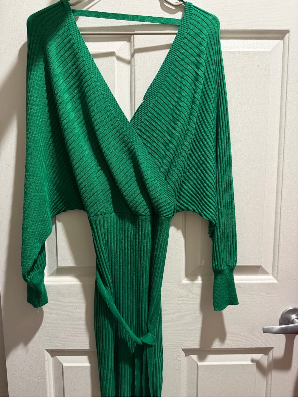 Love Tree Emerald Green Ribbed V-Neck Wrap Sweater Dress